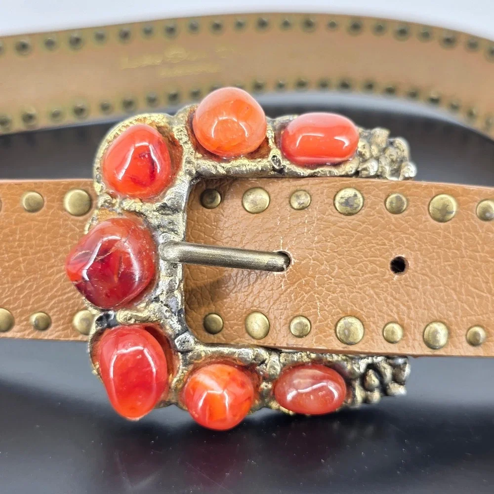 Lake Shore Drive Accessories Tan Leather Studded Belt Orange Stone Buckle Small
